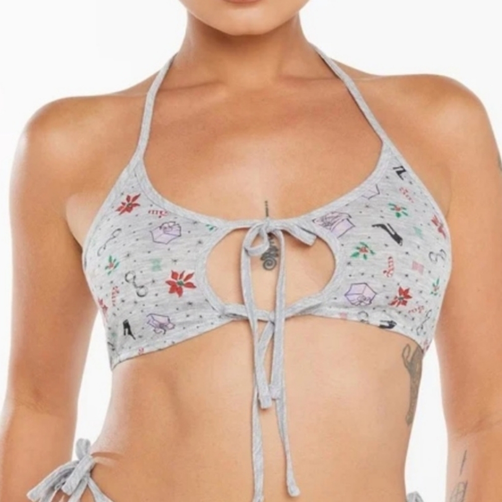 Savage XFenty Grey 'Tis the Savage Holiday Print Front-Tie Bralette Size Medium